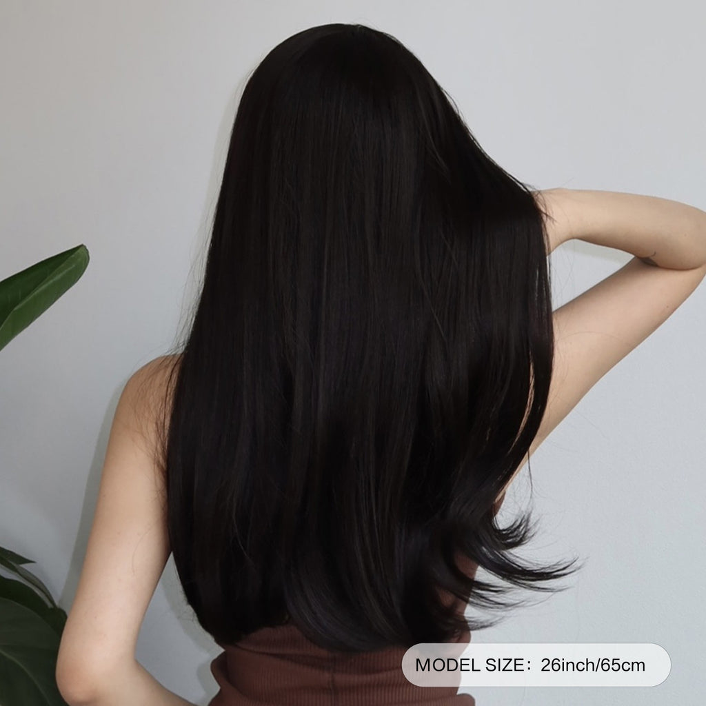 Black Synthetic Wig with Bangs - Long Straight Cosplay Hair for Beginners
