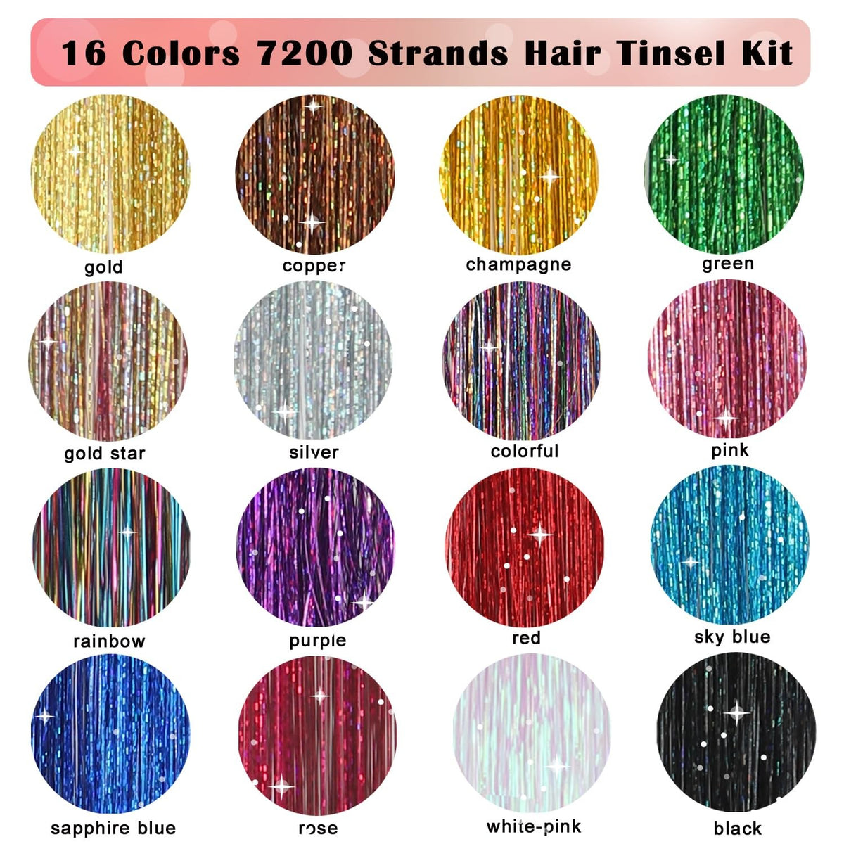 16-Color Hair Tinsel Kit with 7600 Strands and Accessories for Festival & Party