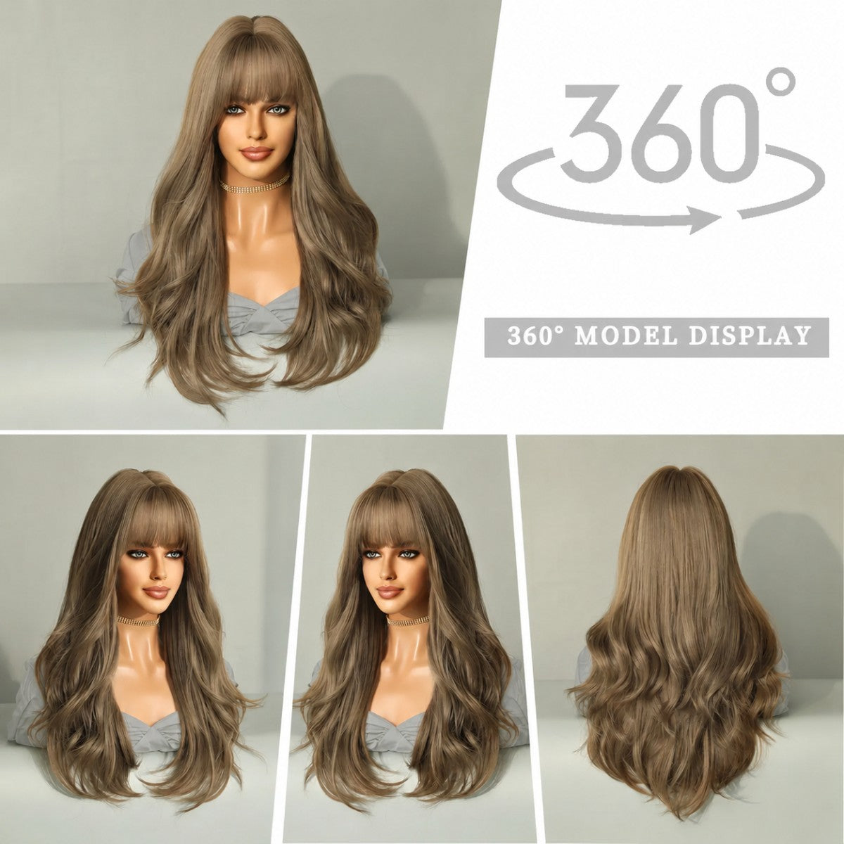 Long Wavy Brown Synthetic Cosplay Wig with Bangs - Heat Resistant Hair