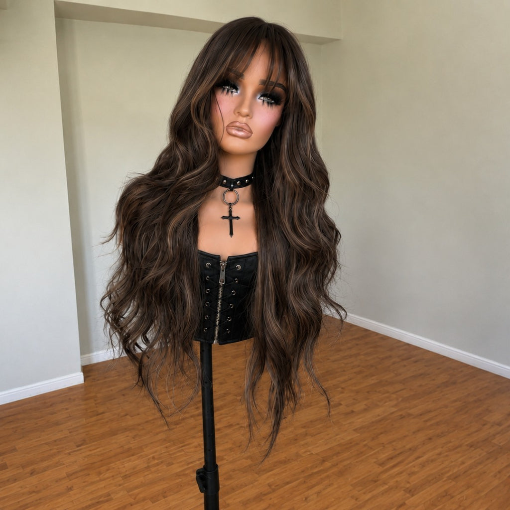 Long Wavy Synthetic Wig with Bangs - Brown Dress Up Hair Extension