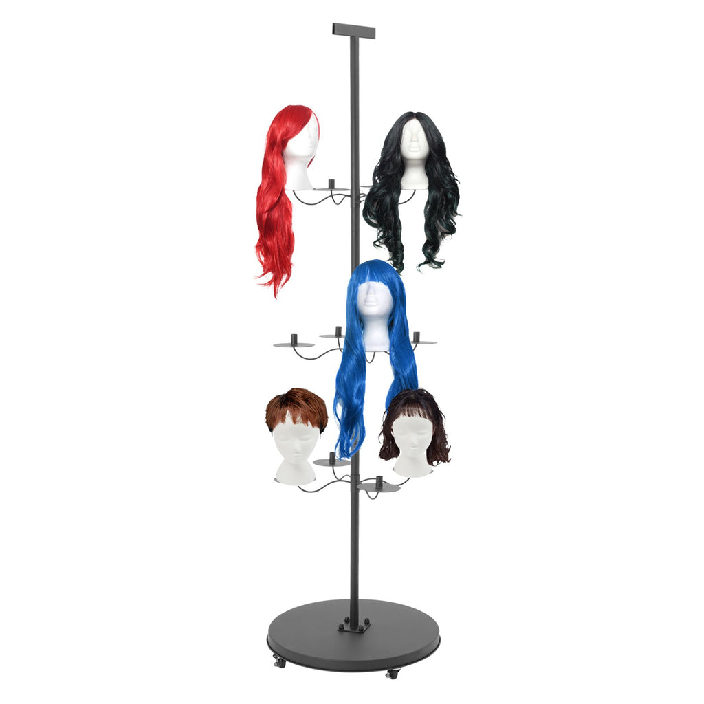 12-Head Wig Display Stand with Wheels - Black Iron Storage Rack for Wigs