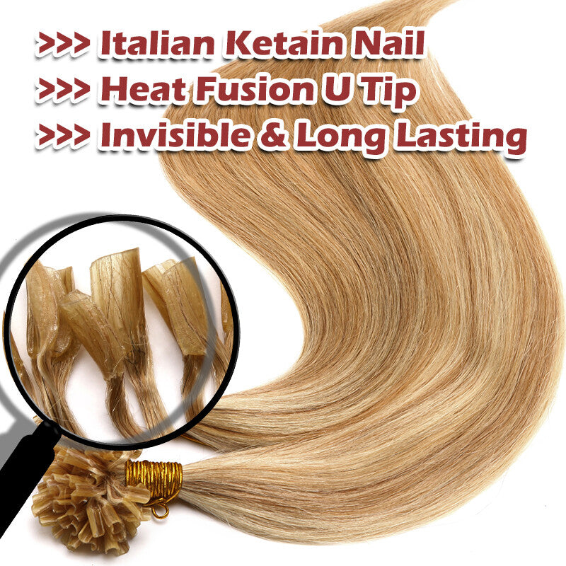 Keratin U Tip Hair Extensions - Real Human Hair, Multiple Colors & Lengths