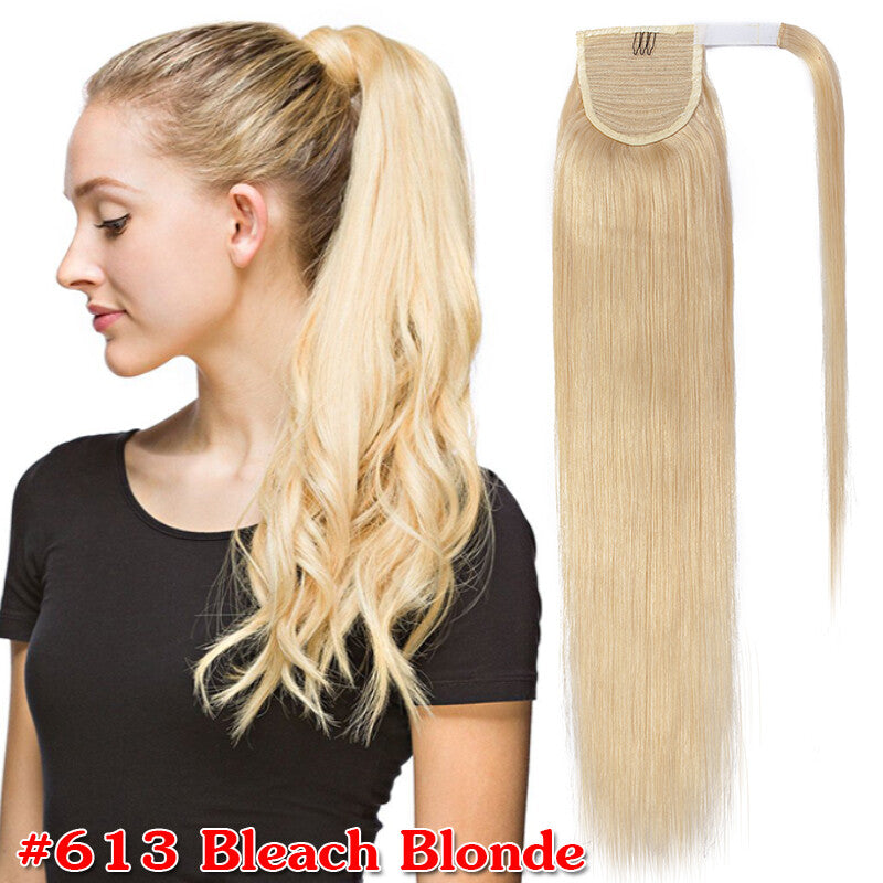 Clip-In Human Hair Ponytail Extensions Wrap Around Thick Hairpiece