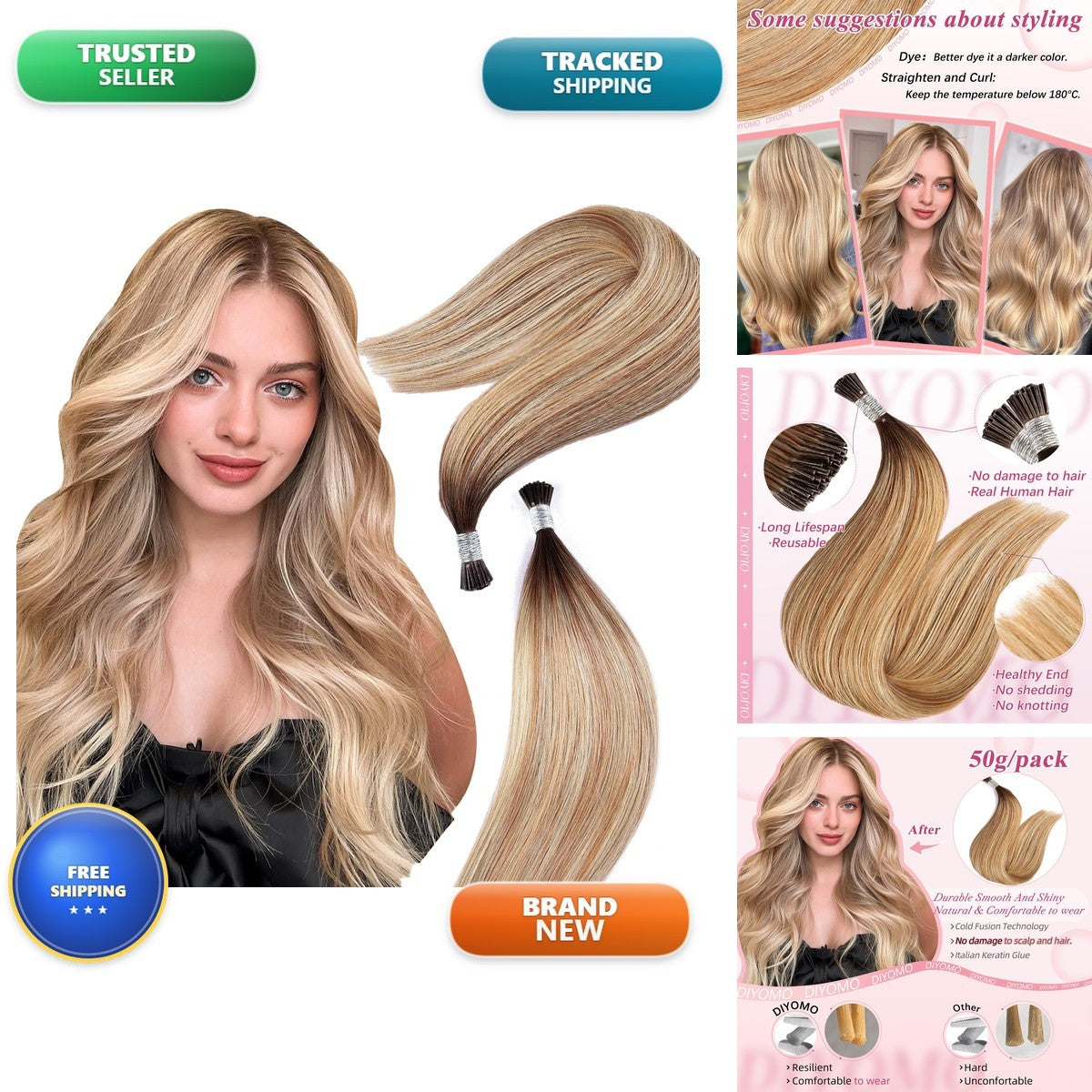 Human Hair I Tip Extensions Mocha Brown to Rose Gold 20 Inch 50g