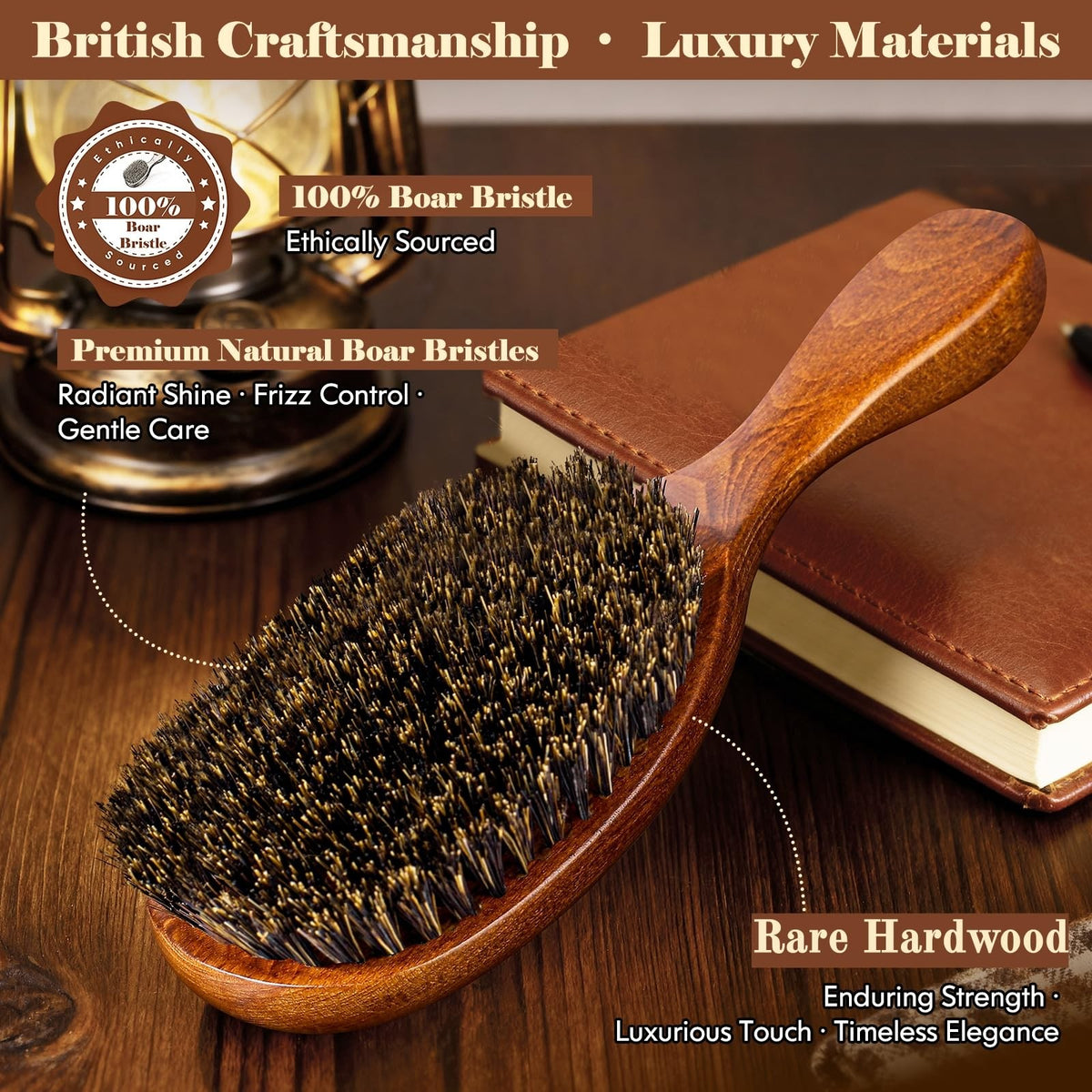 Large Wooden Boar Bristle Hair Brush for Men & Women - Natural Detangler & Styler