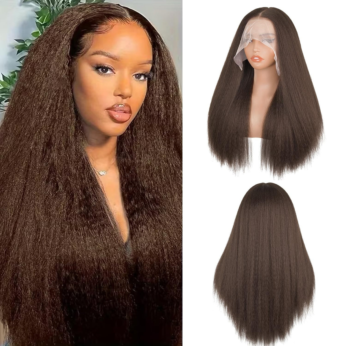 Kinky Straight Lace Front Wig 180% Density 13x6 Chocolate Brown 22 Inch