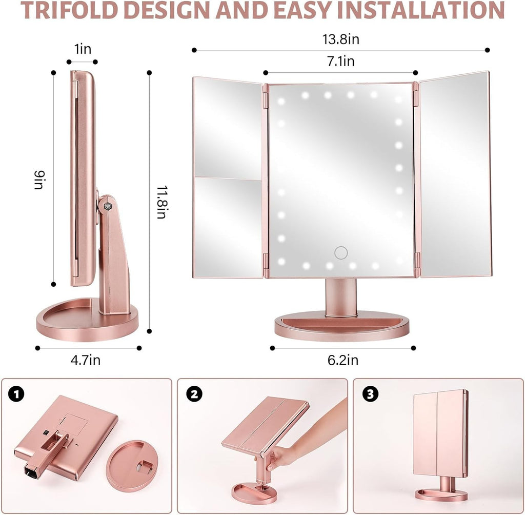 Tri-Fold Lighted Vanity Mirror with 22 LED, 1x 2x 3x Magnification, USB or Battery Powered, Rose Gold