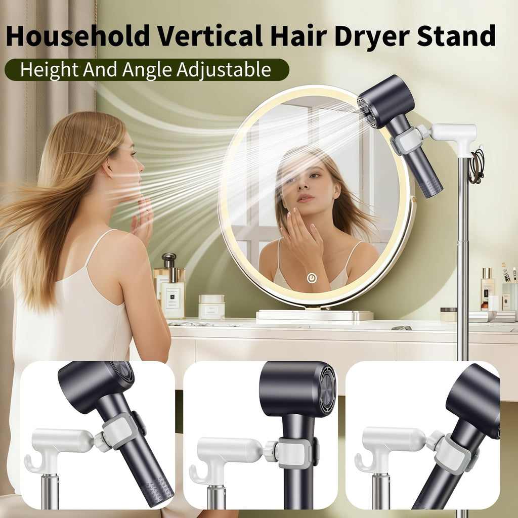 Adjustable Hands-Free Hair Dryer Stand 17-51 Inch Height with 360° Swivel & Hook