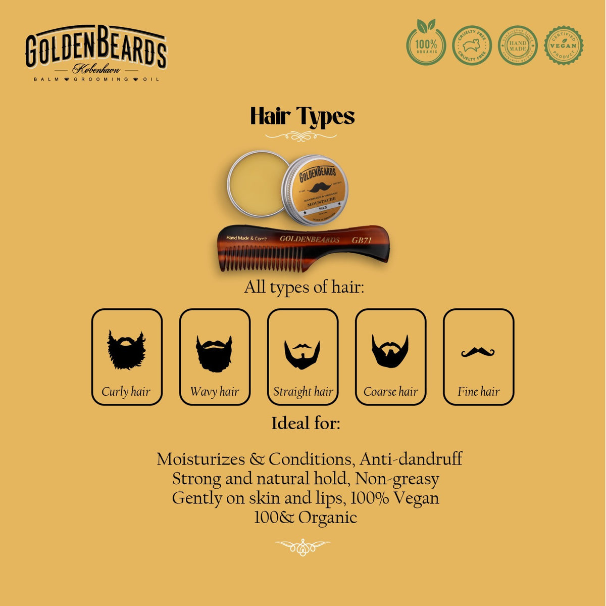 Organic Mustache Wax Kit with Comb for Styling & Taming Facial Hair