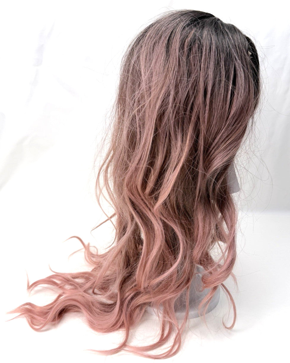Long Pink Ombre Wavy Wig 26 Inch Synthetic Hair with Middle Part & Adjustable Cap