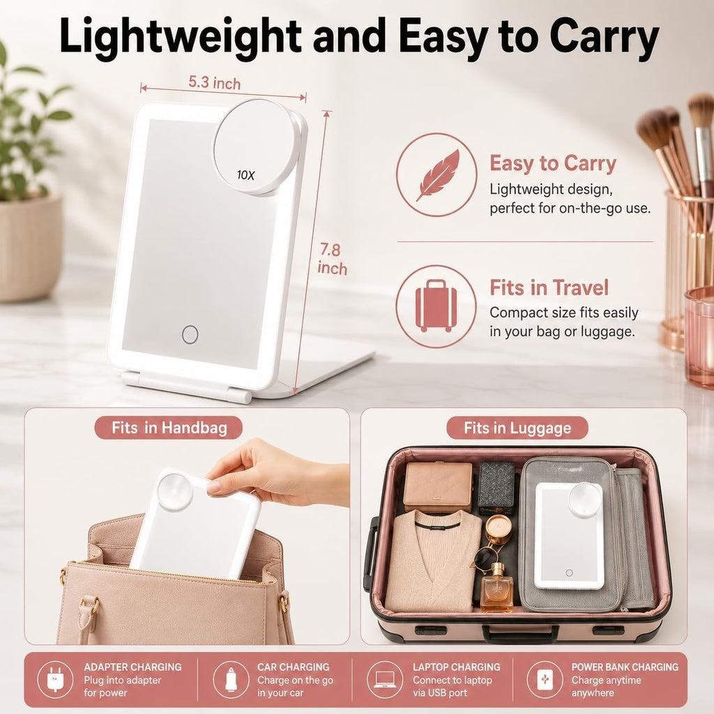 Rechargeable Travel Makeup Mirror with Lights, 10x Magnifier, 72 LEDs, 3 Color Modes