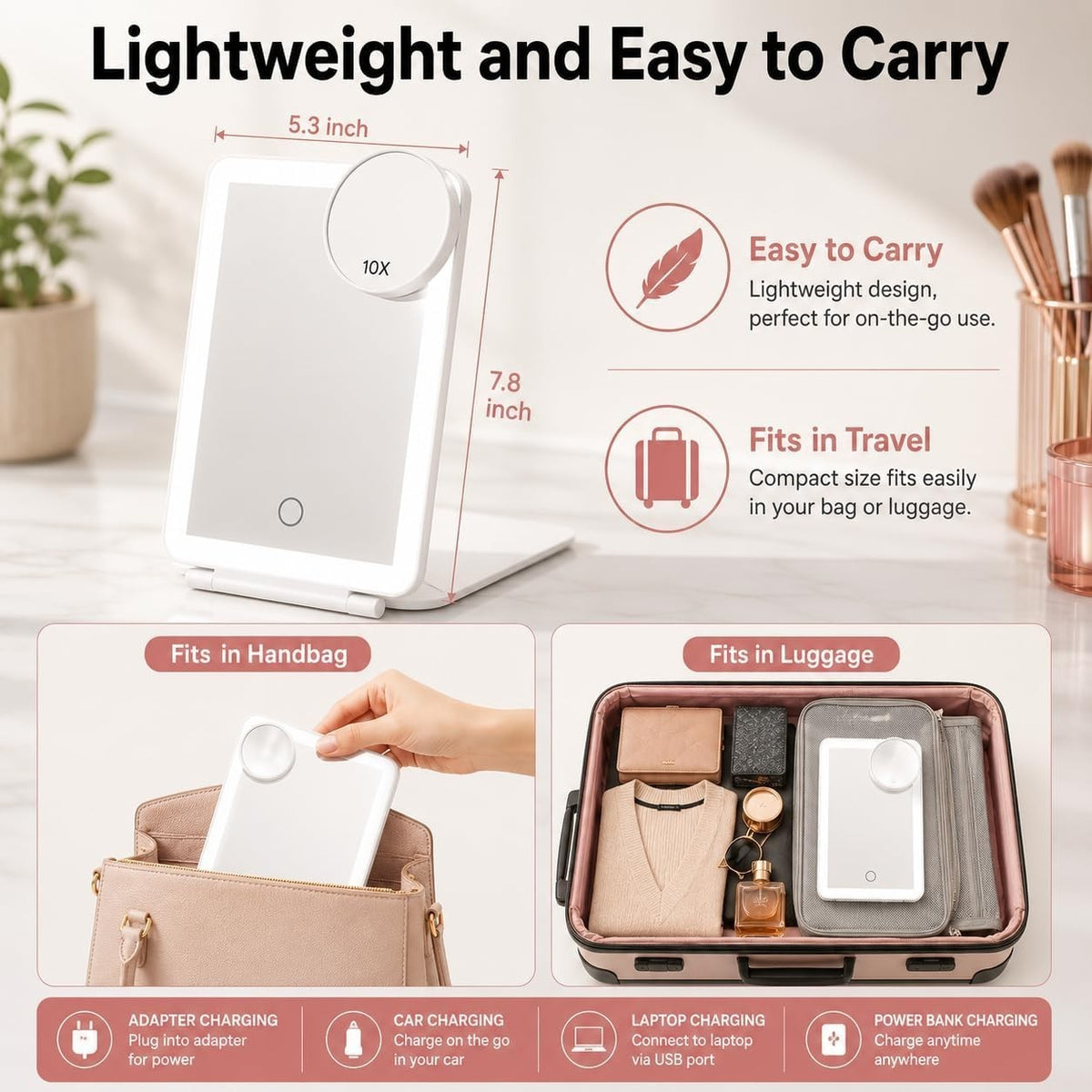 Rechargeable Travel Makeup Mirror with Lights, 10x Magnifier, 72 LEDs, 3 Color Modes