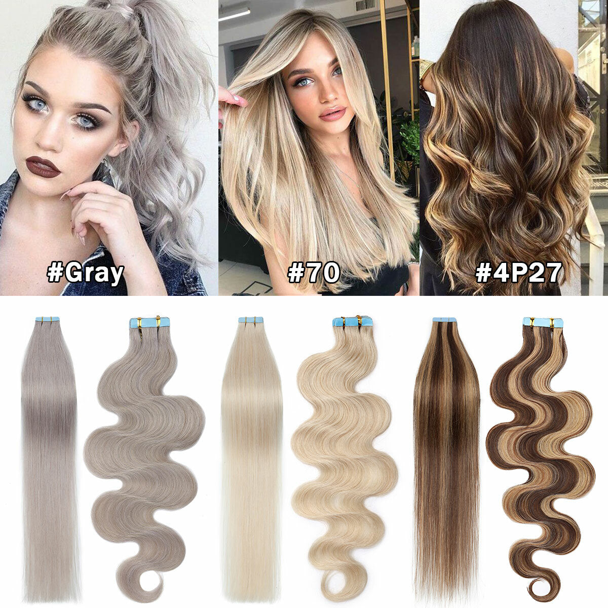 Russian Tape-In Human Hair Extensions - 100% Remy Body Wave, Multiple Colors & Lengths