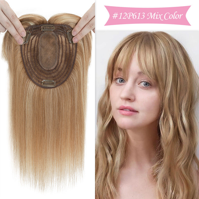 Remy Human Hair Topper Clip-In Hairpiece with Silk Base and Bangs - Multiple Sizes & Colors