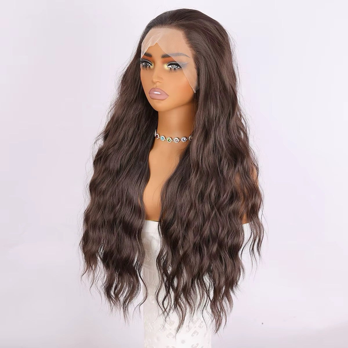 Dark Brown 28-Inch Wavy Lace Front Wig with Transparent 13x3 Cap