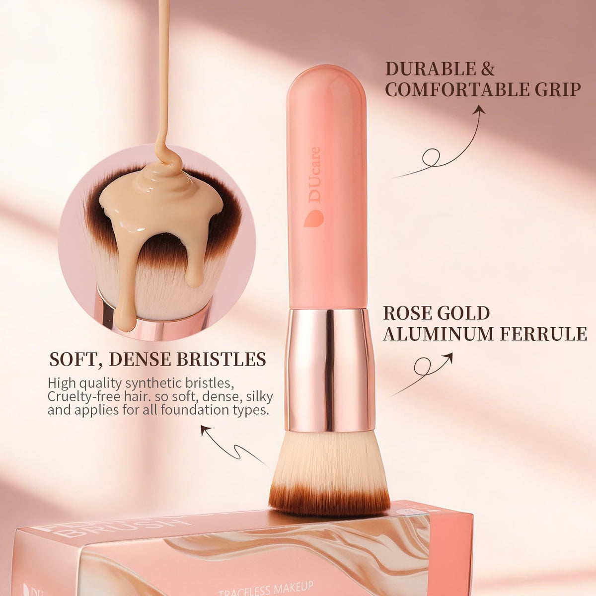 Flat Top Foundation Brush for Liquid Makeup - Dense Synthetic, Pink