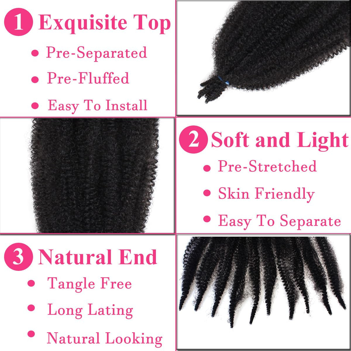 16 Inch Afro Twist Hair Extensions - Pre-Separated Bouncy Synthetic Braiding Hair - 3 Packs