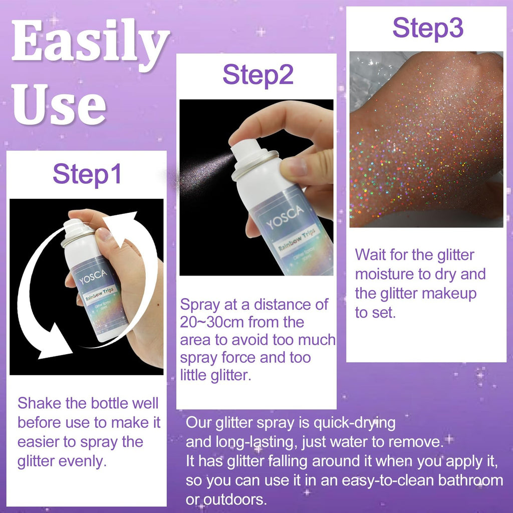 3-Pack Yosca Body Glitter Spray Set - Holographic Silver Rainbow Sparkle (50ml Each)