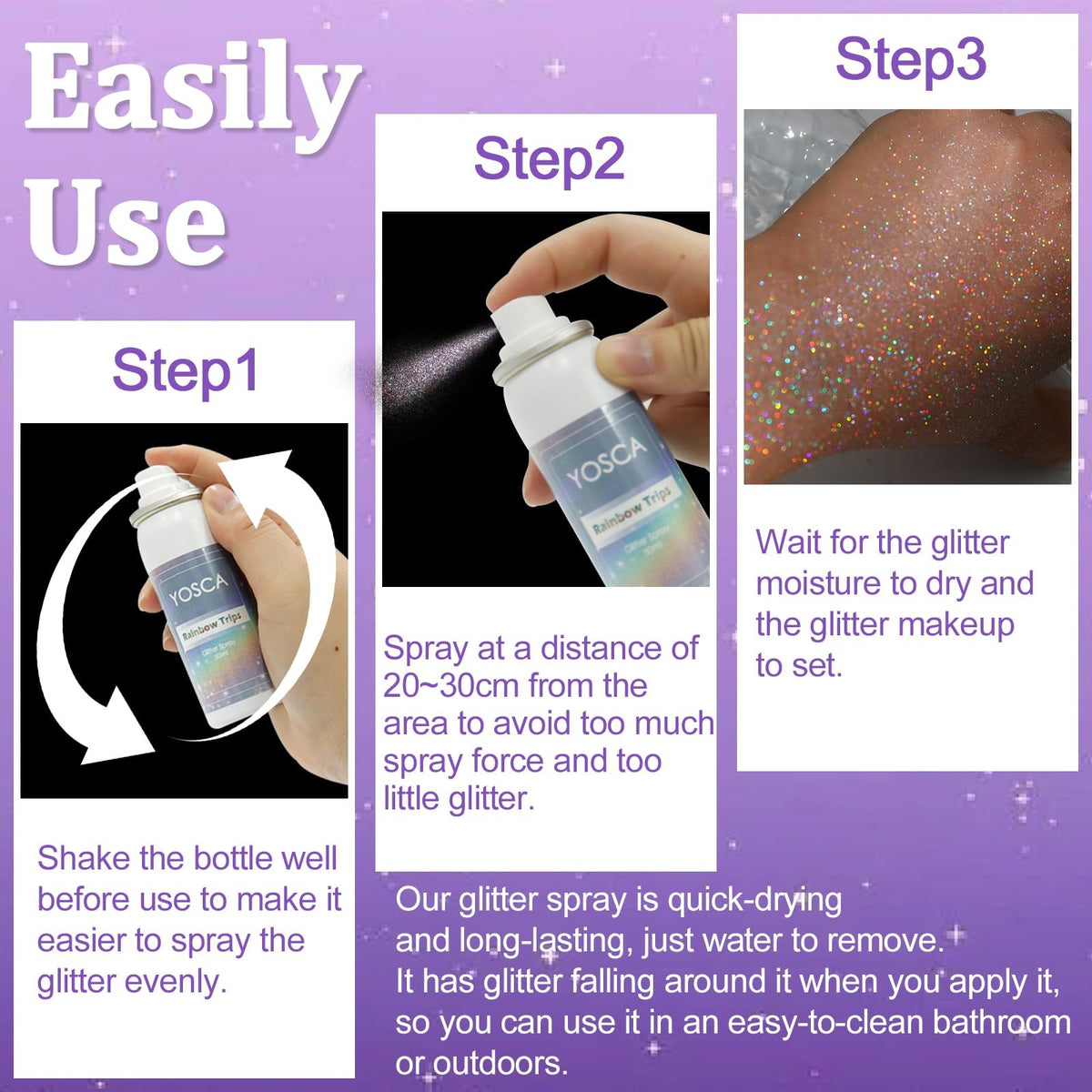 3-Pack Yosca Body Glitter Spray Set - Holographic Silver Rainbow Sparkle (50ml Each)