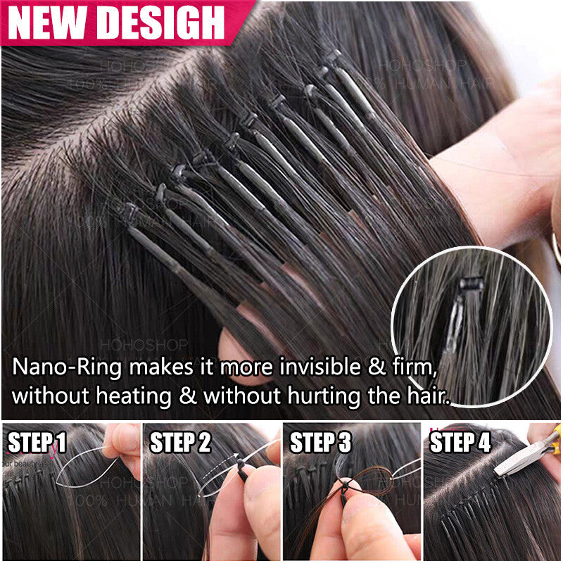 Remy Human Hair Extensions Nano Ring Bead Set - Multiple Lengths & Colors