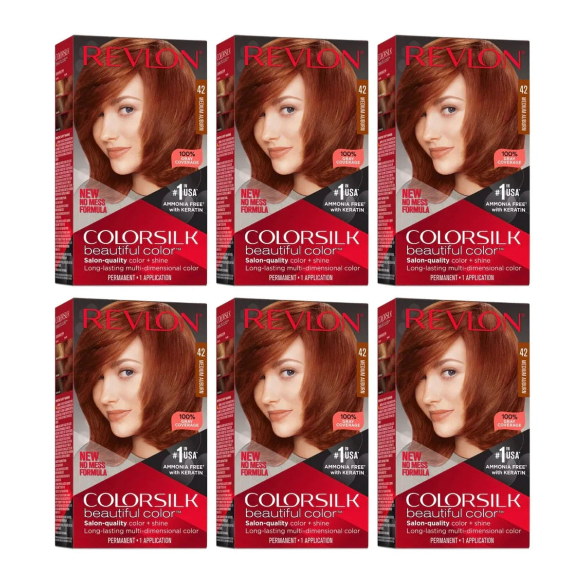Revlon ColorSilk Hair Color Kit - 42 Medium Auburn, Pack of 6