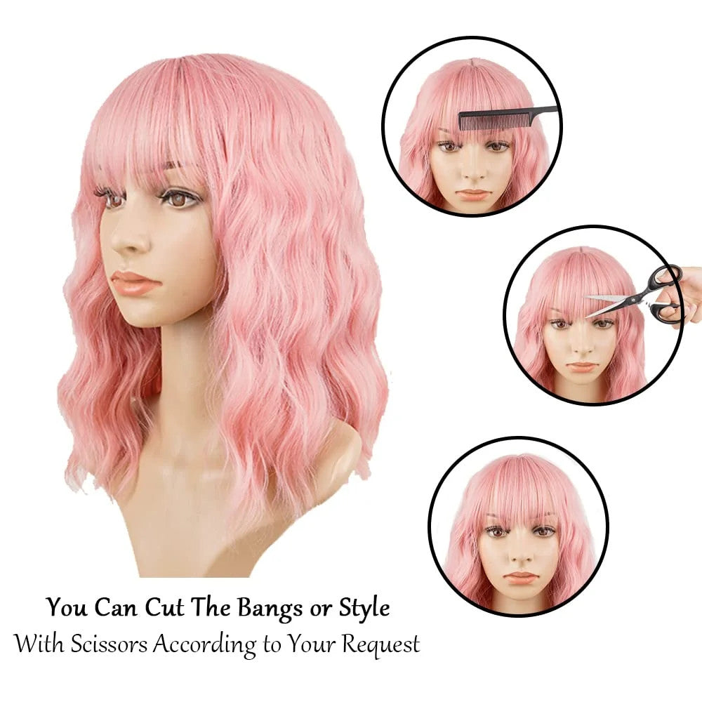 Pink Short Wavy Bob Synthetic Wig with Bangs for Women - Natural Look & Adjustable Fit
