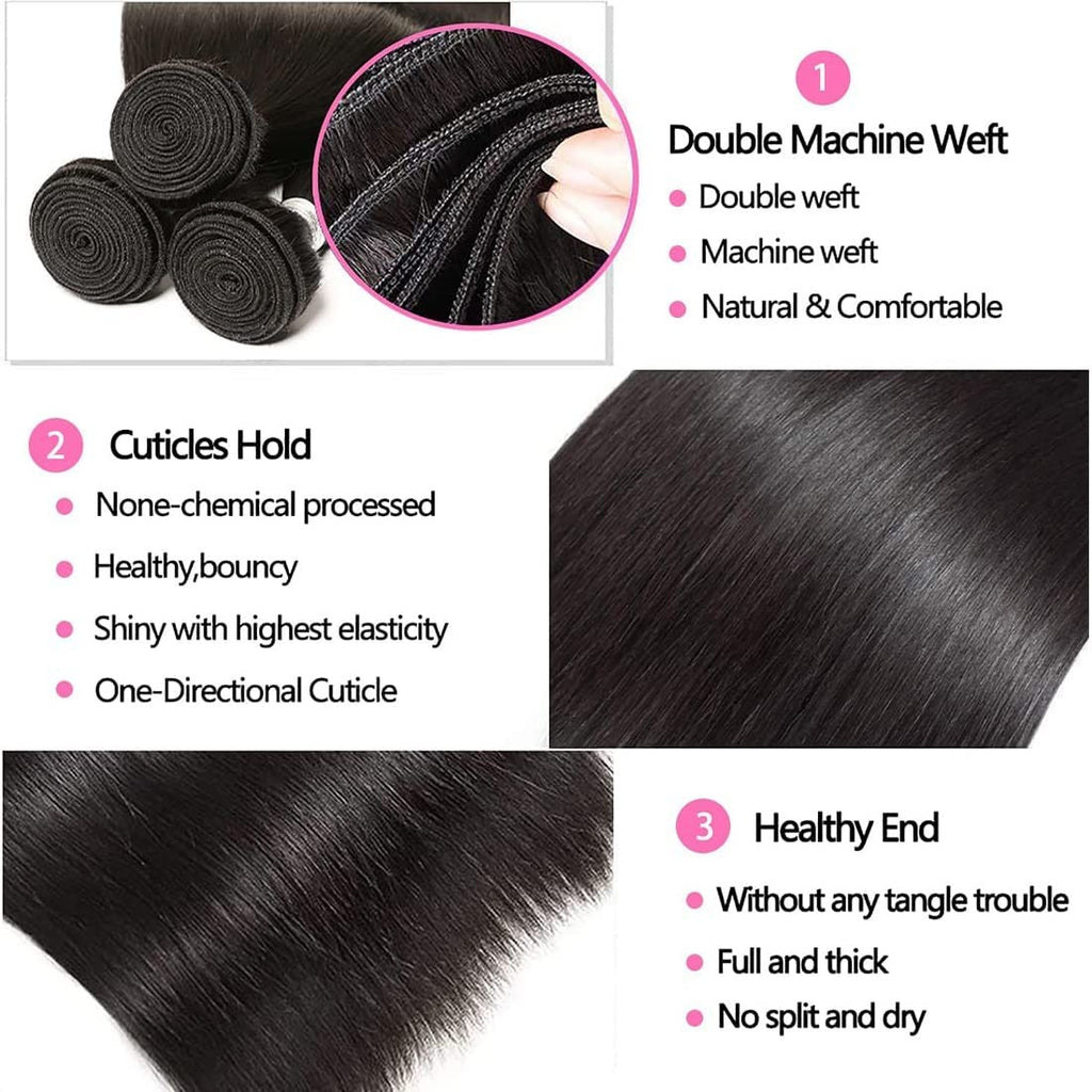Brazilian Virgin Hair Extensions 14 16 18 Inch Natural Black 3 Bundles