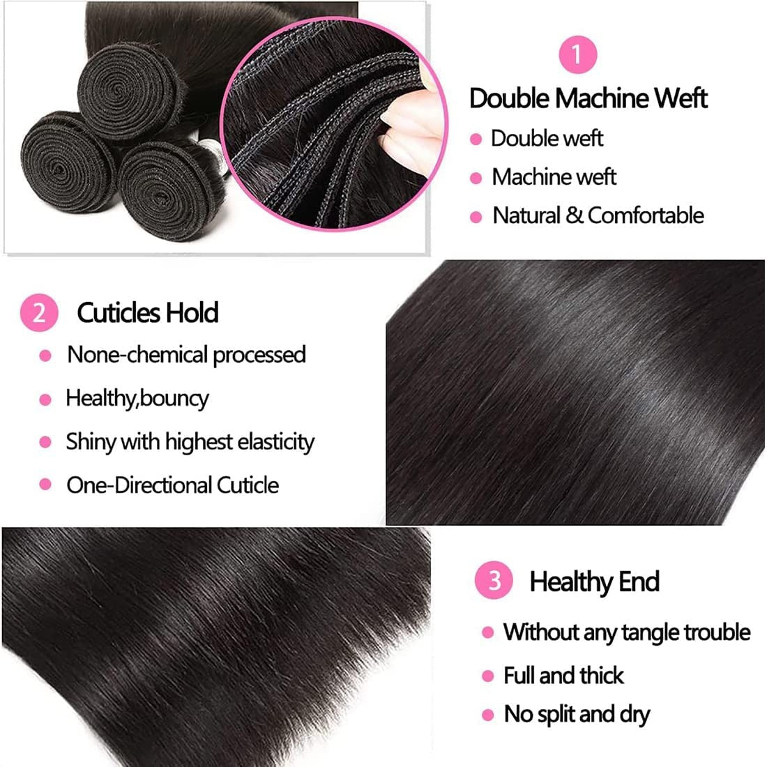 Brazilian Virgin Hair Extensions 14 16 18 Inch Natural Black 3 Bundles