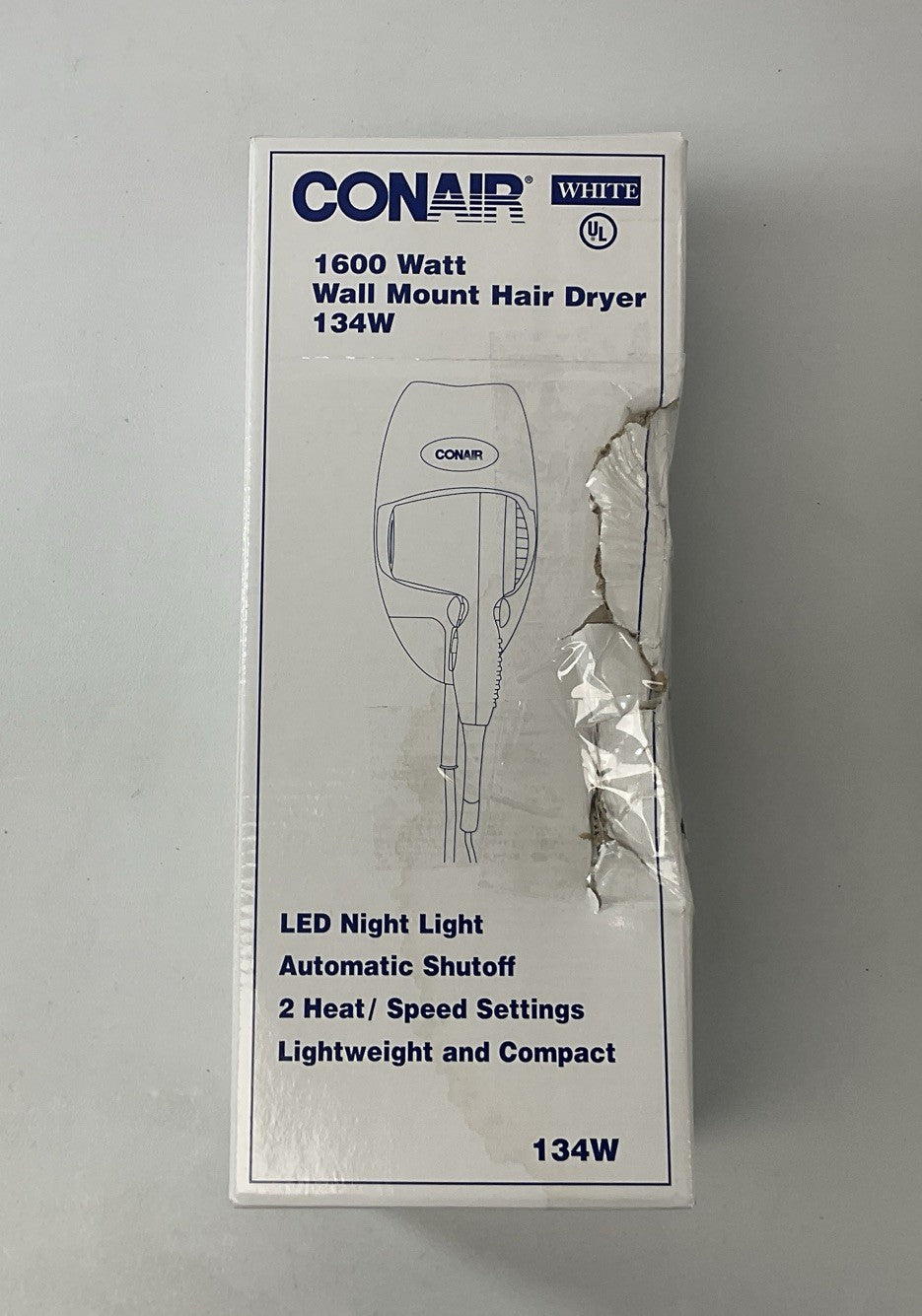 1600W Wall Mount Hair Dryer with Nightlight - 2 Speed, White