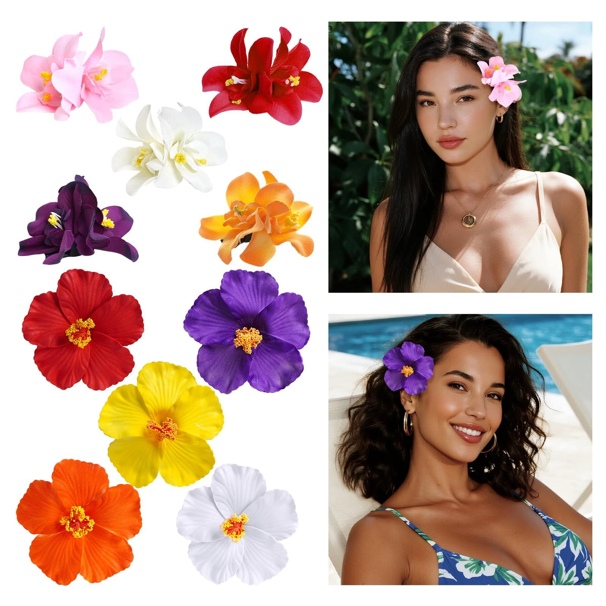 10PCS Hawaiian Flower Hair Clips for Women Multicolor Beach & Party Accessories