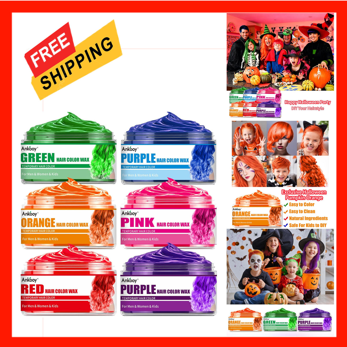 Temporary Hair Color Spray - 6 Bright Colors for Kids & Adults, Halloween & Parties