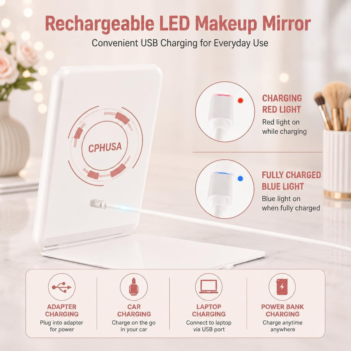 Rechargeable Lighted Travel Makeup Mirror with 10X Magnifier