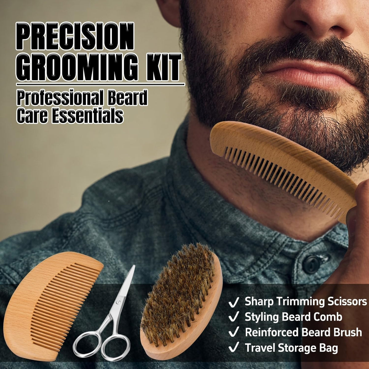 Barber Grooming Kit with Beard Oil, Balm, Cleaner, Brush & Comb - Unisex