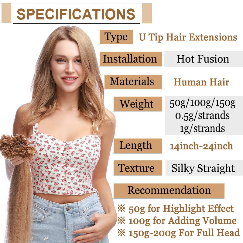 Keratin U Tip Hair Extensions - Real Human Hair, Multiple Colors & Lengths