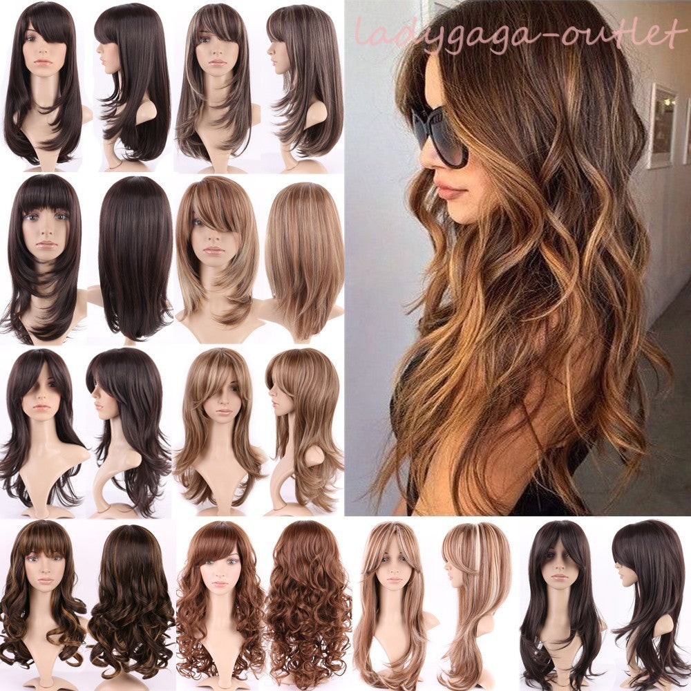 Women Long Curly Wavy Synthetic Wig with Bangs for Party & Costume