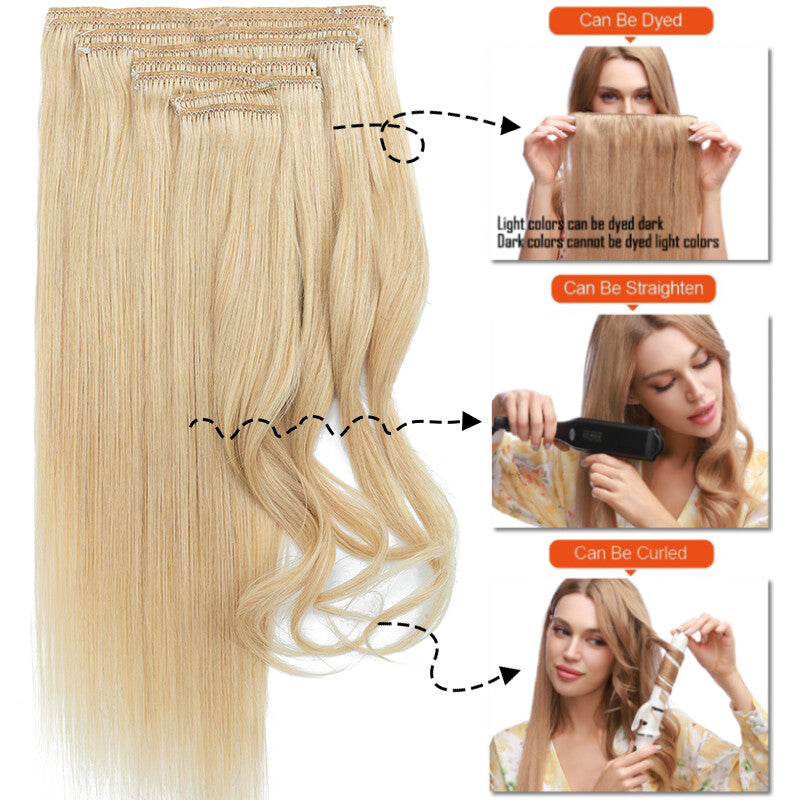 Remy Clip-In Hair Extensions Full Head Set - Blonde, Brown, Black, Wavy & Straight