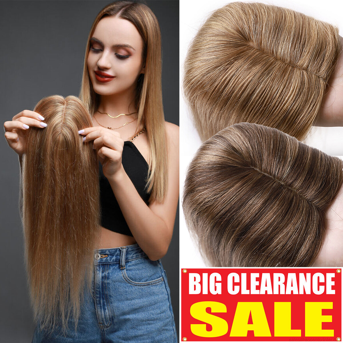 Human Hair Topper with Bangs Clip-In Remy Hairpiece for Thinning Hair