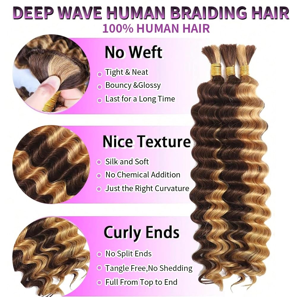 Human Braiding Hair 3 Bundles 22 Inch Curly Deep Wave Ombre 4/27