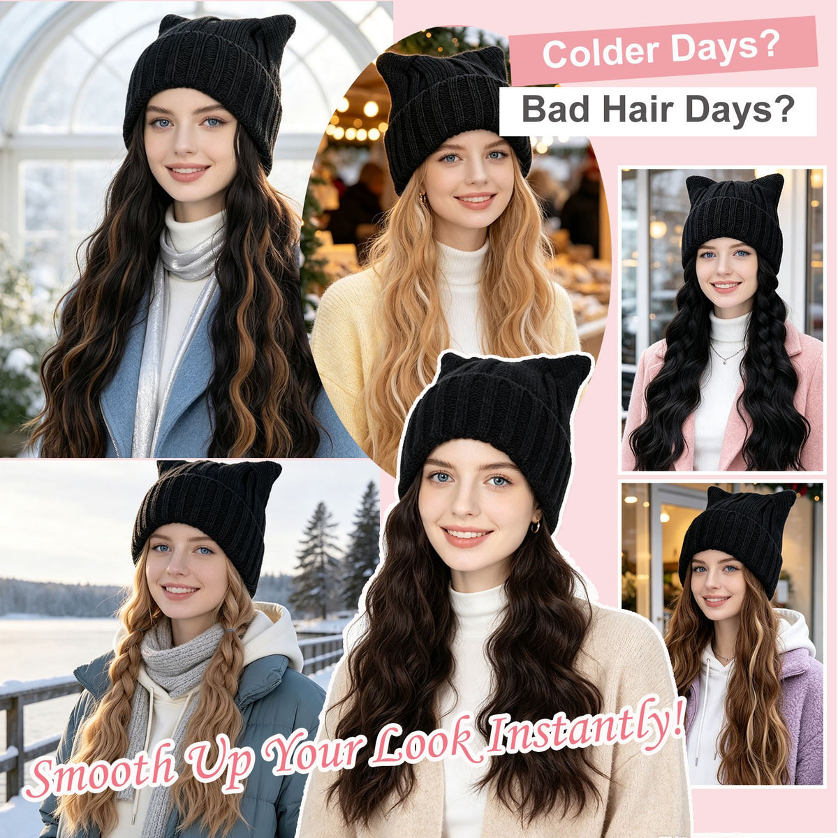 Women’s Winter Cat Ear Knit Hat Wig with Long Water Wave Synthetic Hair - All Colors