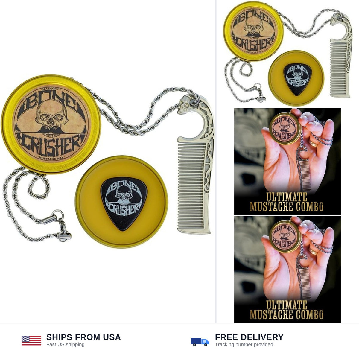 Mustache Wax Extra Strong Hold & Metal Comb Kit - Beard & Lip Balm Set
