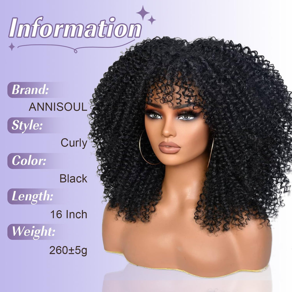 Curly Afro Wigs for Black Women 16 Inch Synthetic Wig with Bangs - Natural Look & Low Maintenance