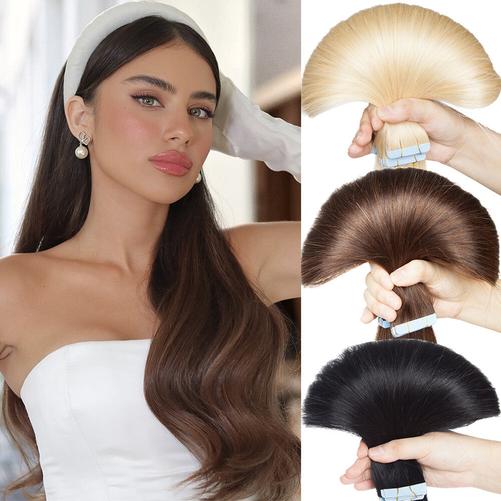 Remy Human Hair Extensions Skin Weft Tape-In Full Head Set - Brown & Black Shades