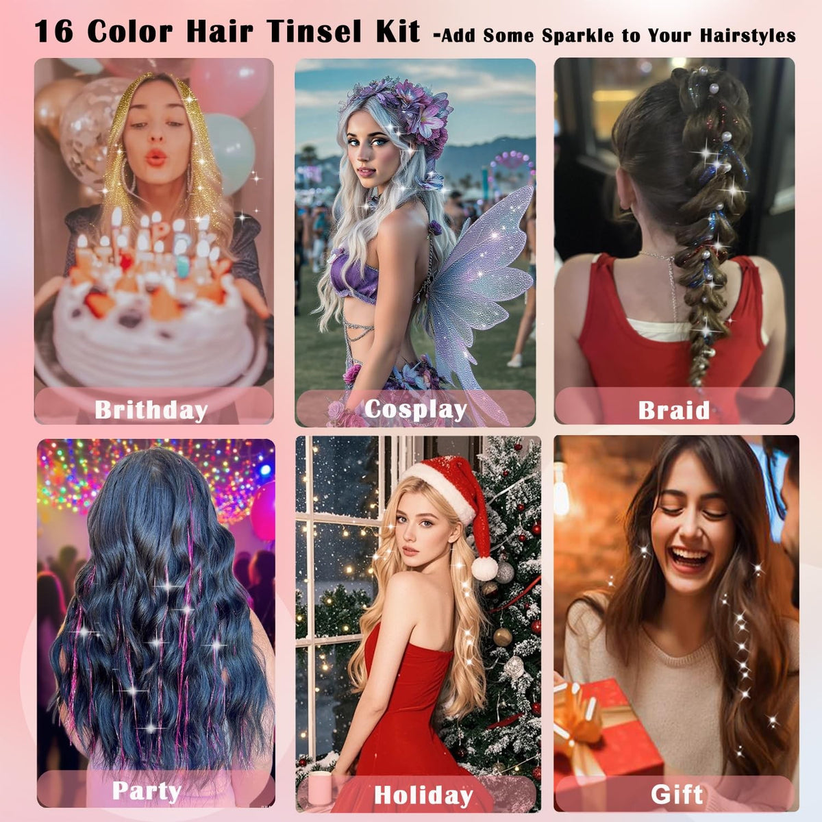 16-Color Hair Tinsel Kit with 7600 Strands and Accessories for Festival & Party