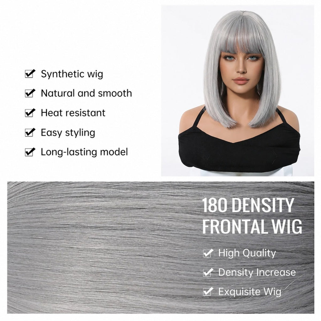 Grey Synthetic Halloween Costume Wig with Bangs - Bob Style