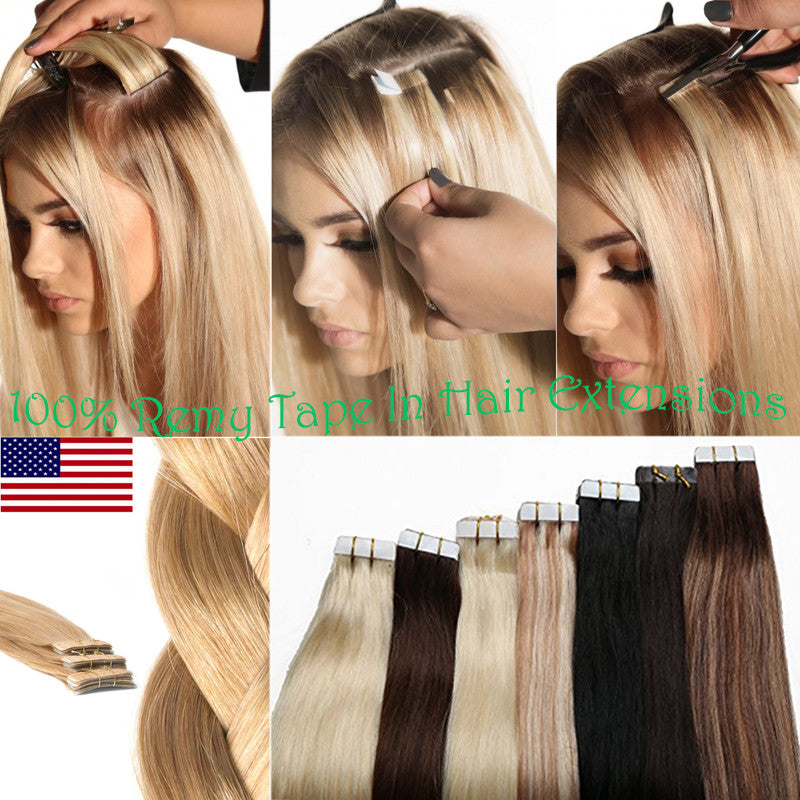 150g Thick Tape-In Human Hair Extensions Full Head Skin Weft Long Highlights