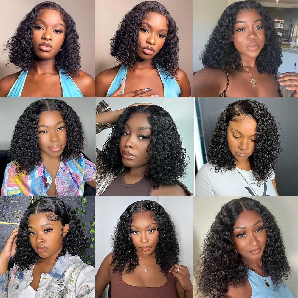 Glueless Human Hair Curly Bob Wig Deep Wave Pre Plucked Pre Cut 4x4 Closure