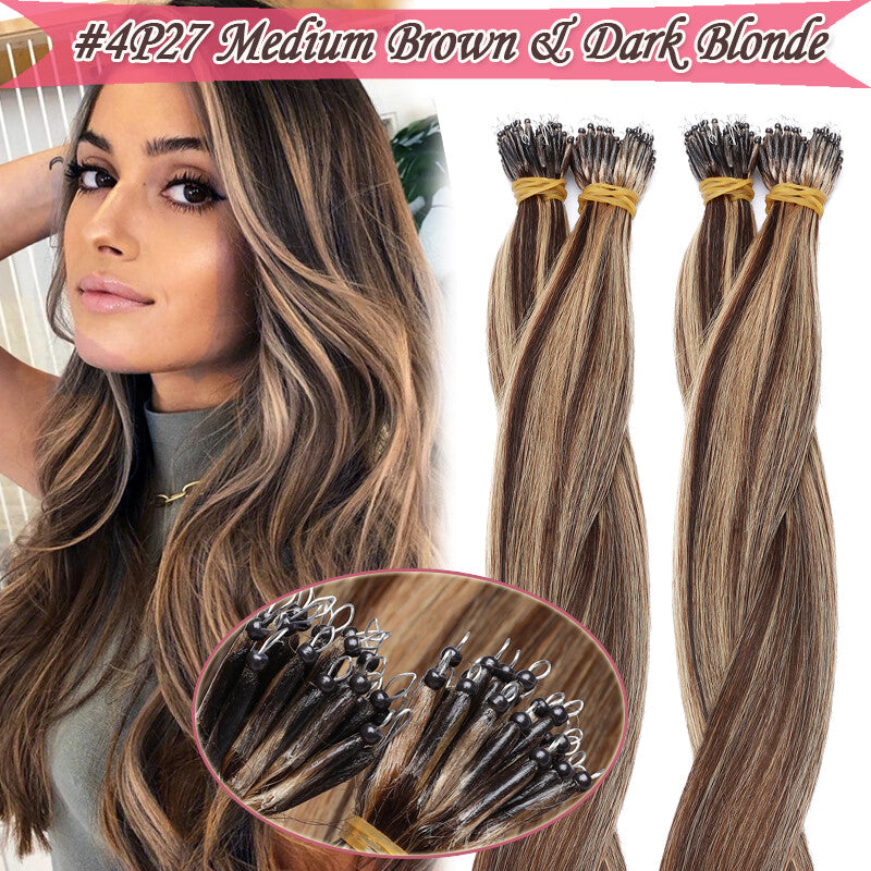 Nano Ring Remy Human Hair Extensions - Thick Highlight Balayage Ombre, 16-22 Inch Options