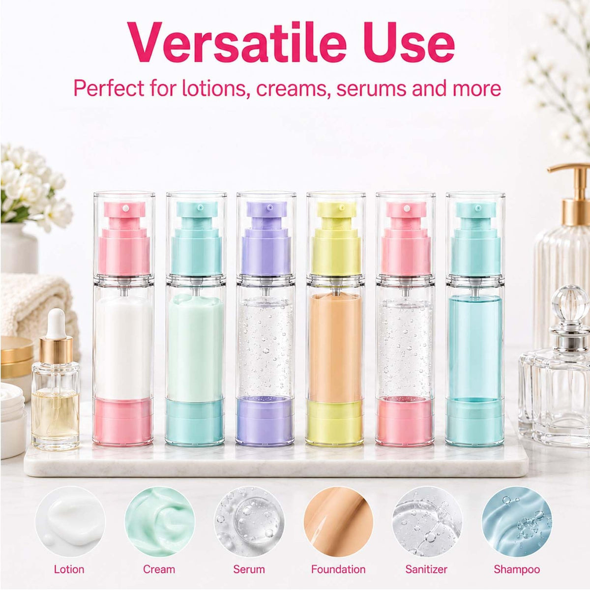 4 Pack Travel Airless Pump Bottles - Leakproof 1 oz Cosmetic Dispensers for Toiletries