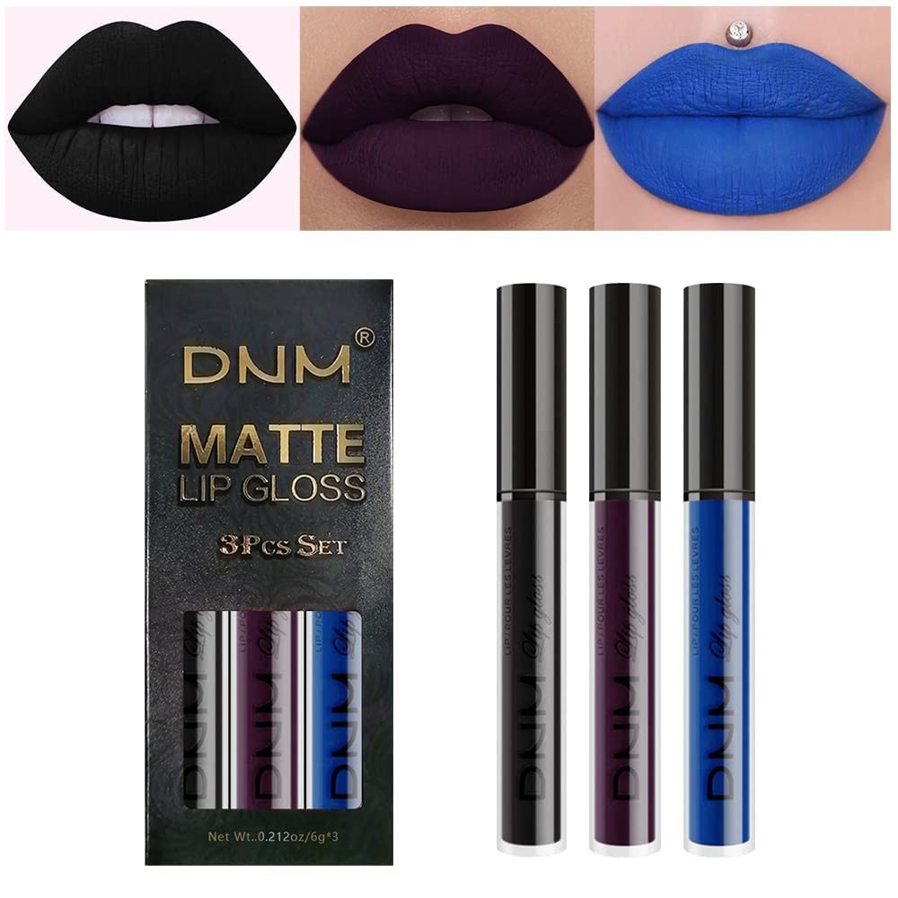 Liquid Lipstick Set 3Pcs Matte Purple Black Blue Long Lasting Lip Color for Women