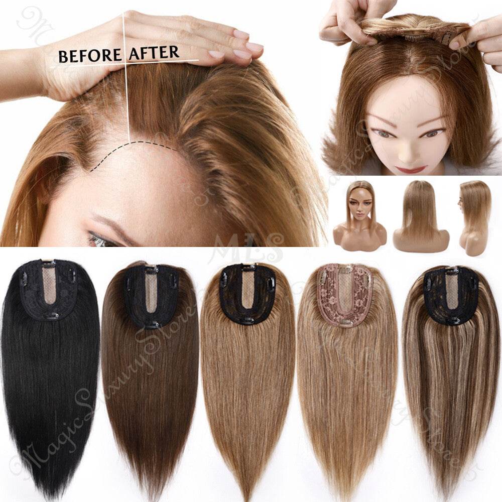 Remy Human Hair Clip-In Hair Topper with Silk or Mono Base - Natural & Dark Colors